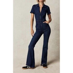 We The Free FP Jayde Flare Leg Night Sky Dark Denim Jumpsuit M Stretch Sexy Chic